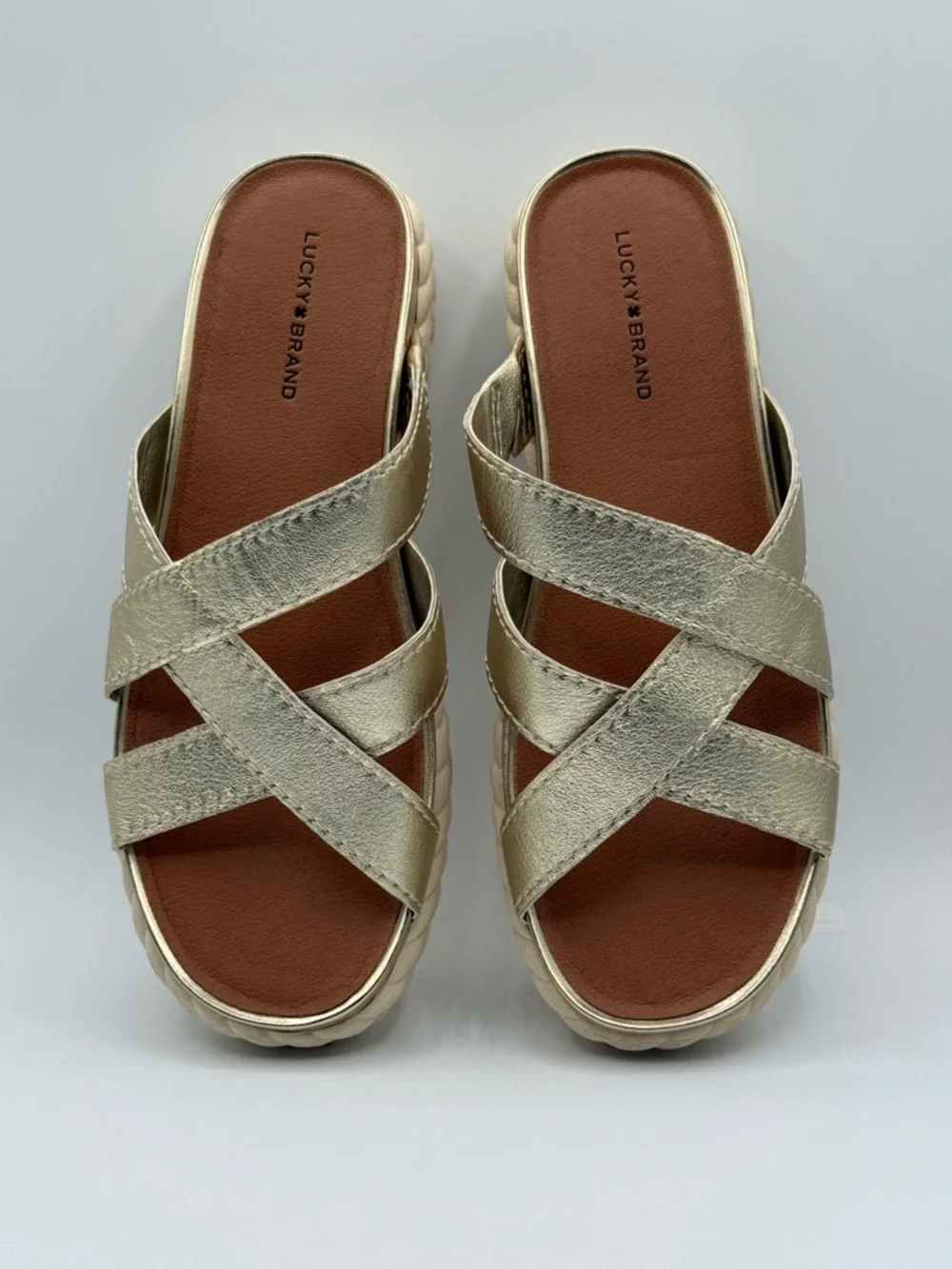 Lucky Brand Lofftee Gold Espadrille Slide Metallic Crisscross Sandals Size 10